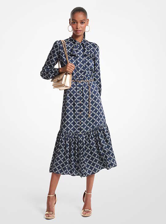 Empire Logo Print Satin Belted Dress | Michael Kors Official Website