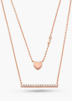 michael kors precious metal plated sterling silver double heart and pav bar necklace