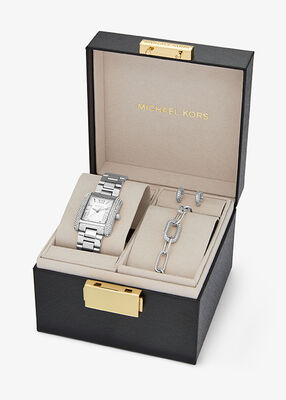 michael kors petite emery silver tone watch and jewelry gift set