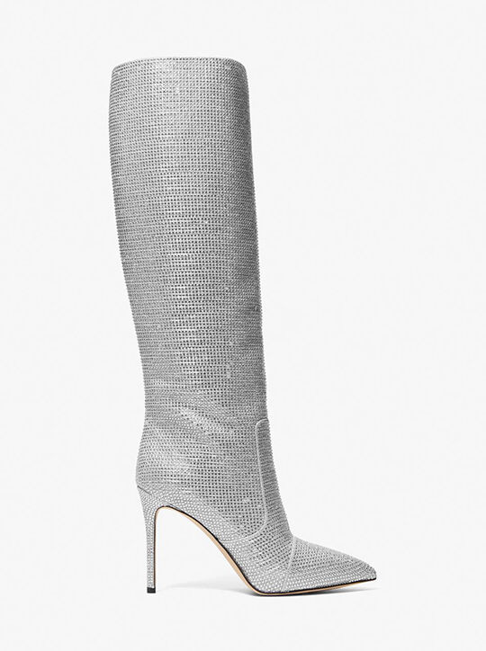 Rue Embellished Glitter Chain-Mesh Knee Boot