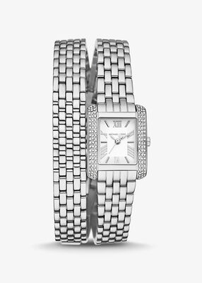 michael kors petite emery pav silver tone double wrap watch