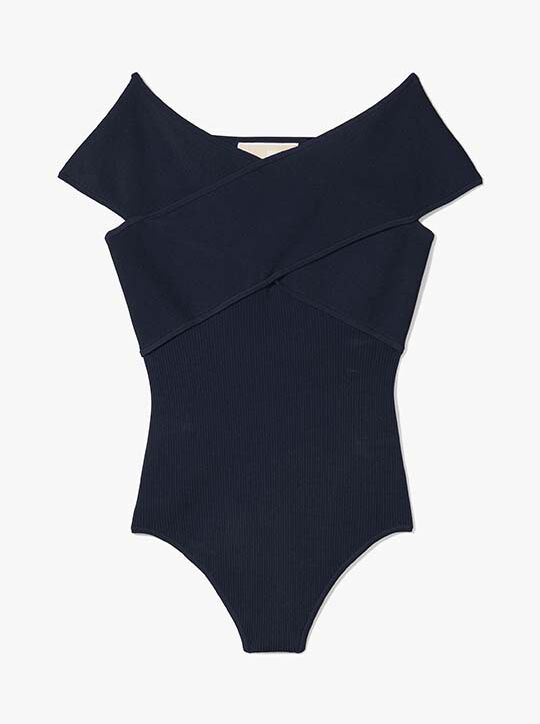 Ribbed Stretch Knit Crossover Bodysuit