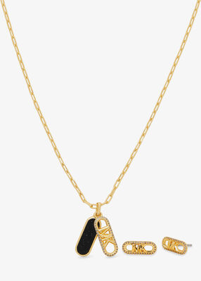 Precious Metal-Plated Brass and Acetate Empire Logo Necklace and Earrings Set