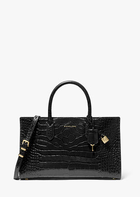 michael kors scarlett medium crocodile embossed patent leather satchel