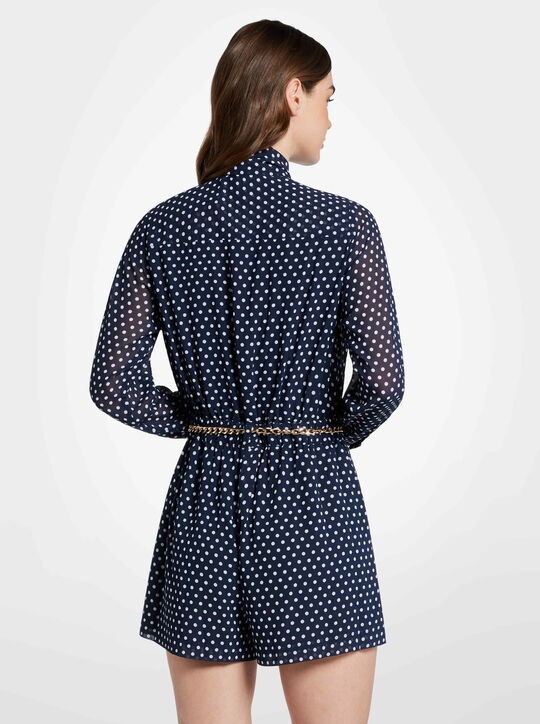 Polka Dot Georgette Belted Tie-Neck Romper